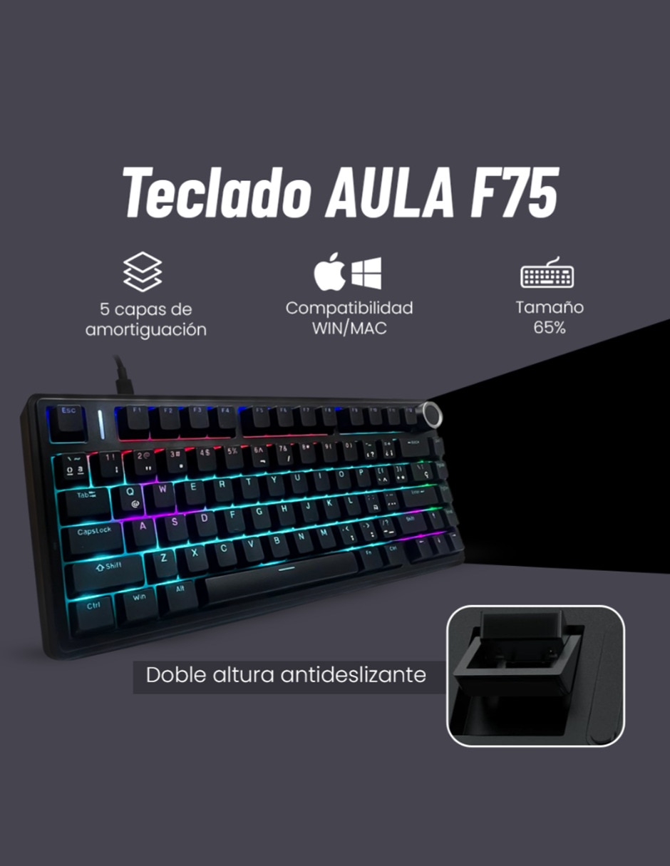 Teclado gamer Usb-c qwert español con interruptor lineal (red black) Aula f75
