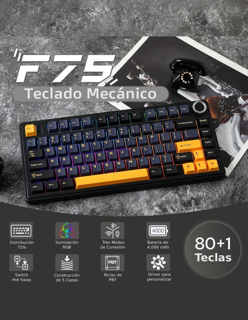 Teclado gamer alámbrico e inalámbrico qwert español con interruptor lineal (red black) f75 pro 4