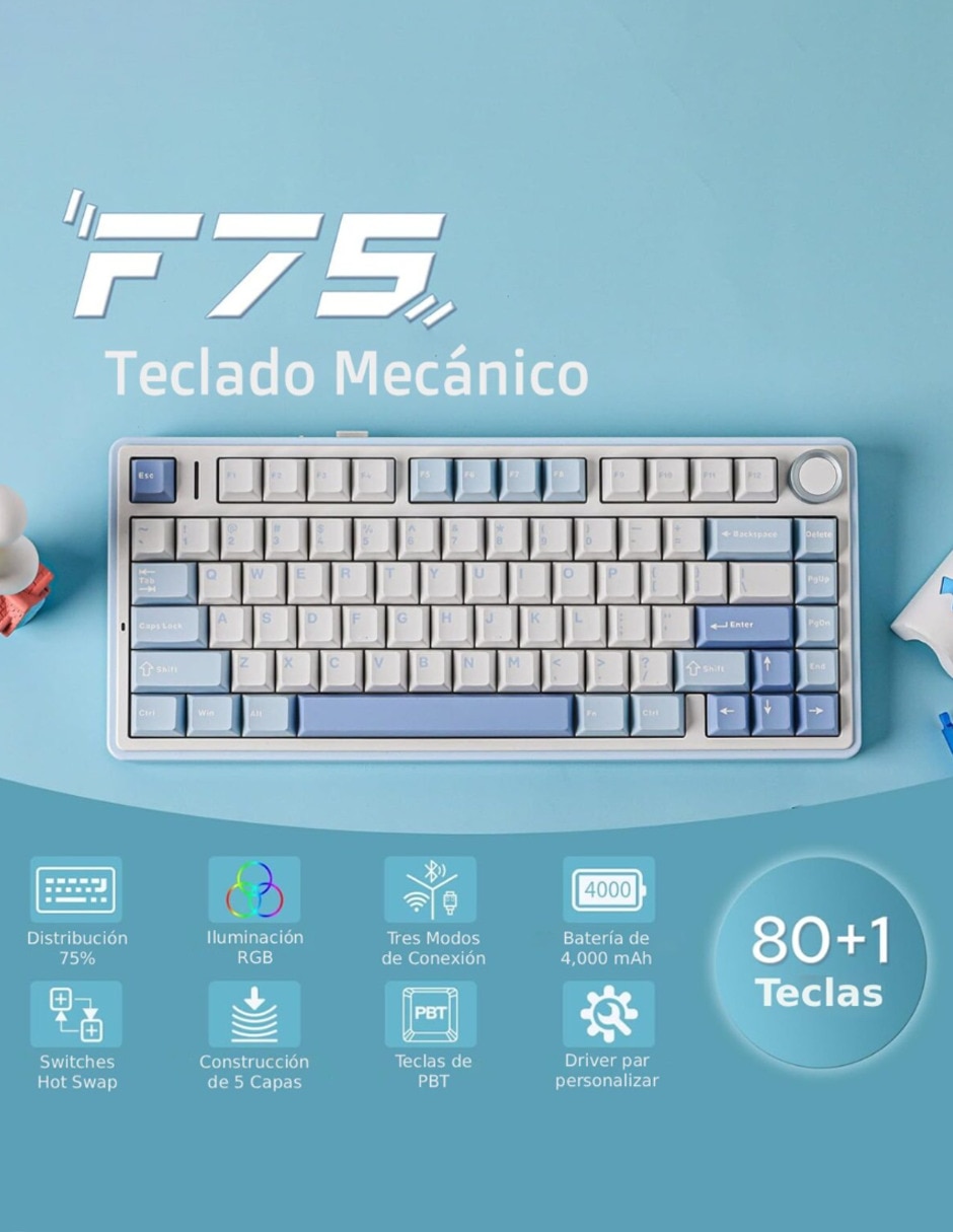 Teclado gamer alámbrico e inalámbrico qwert español con interruptor lineal (red black) f75 pro 2