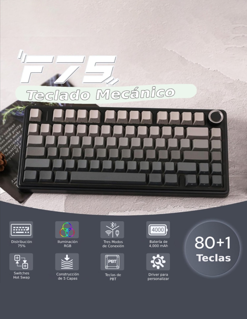 Teclado gamer alámbrico e inalámbrico qwert español con interruptor lineal (red black) Aula f75 pro