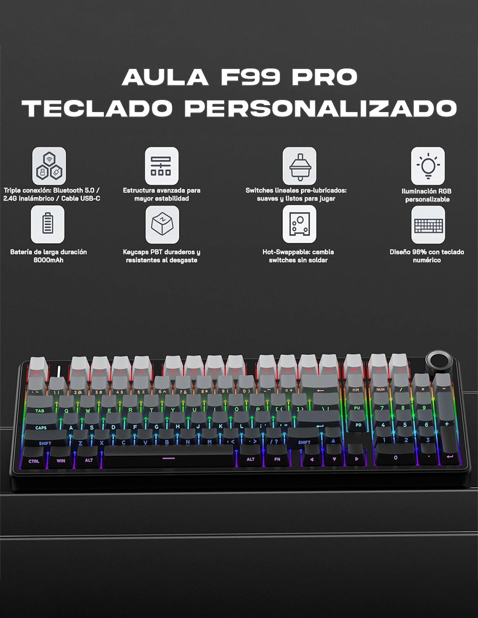 Teclado gamer alámbrica e inalámbrica qwert inglés con interruptor capacitivo Aula f99 pro