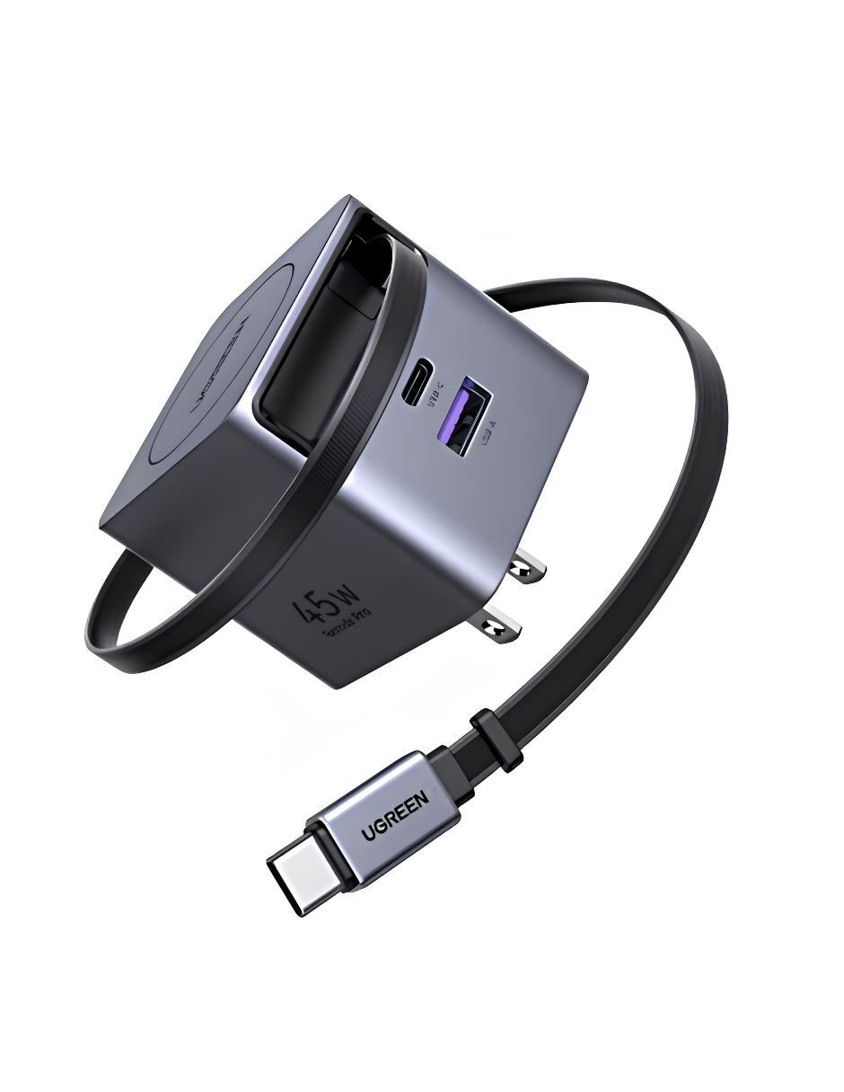 Cargador pared Gan nexode pro cable retractil 65821 USB tipo A + USB tipo C 45 W