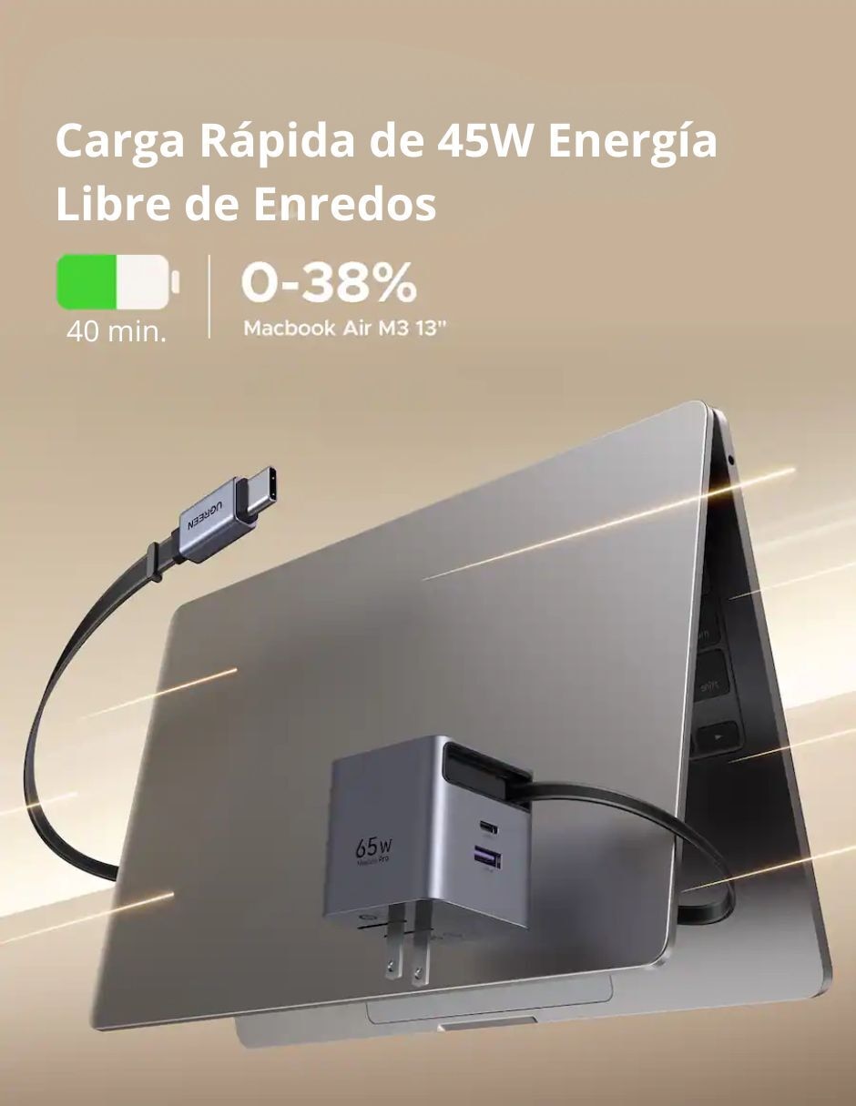 Cargador pared Ugreen Gan nexode pro cable retractil 65821 USB tipo A + USB tipo C 45 W