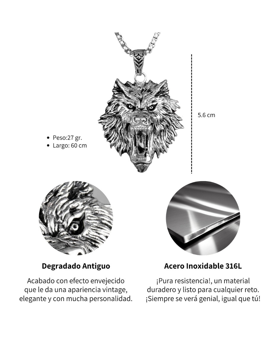 Collar con dije de cabeza de Lobo Chulada Black