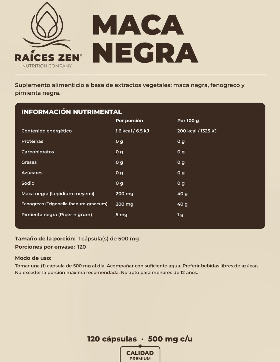 Maca negra + fenogreco Raíces Zen con tribulus de 120 cápsulas