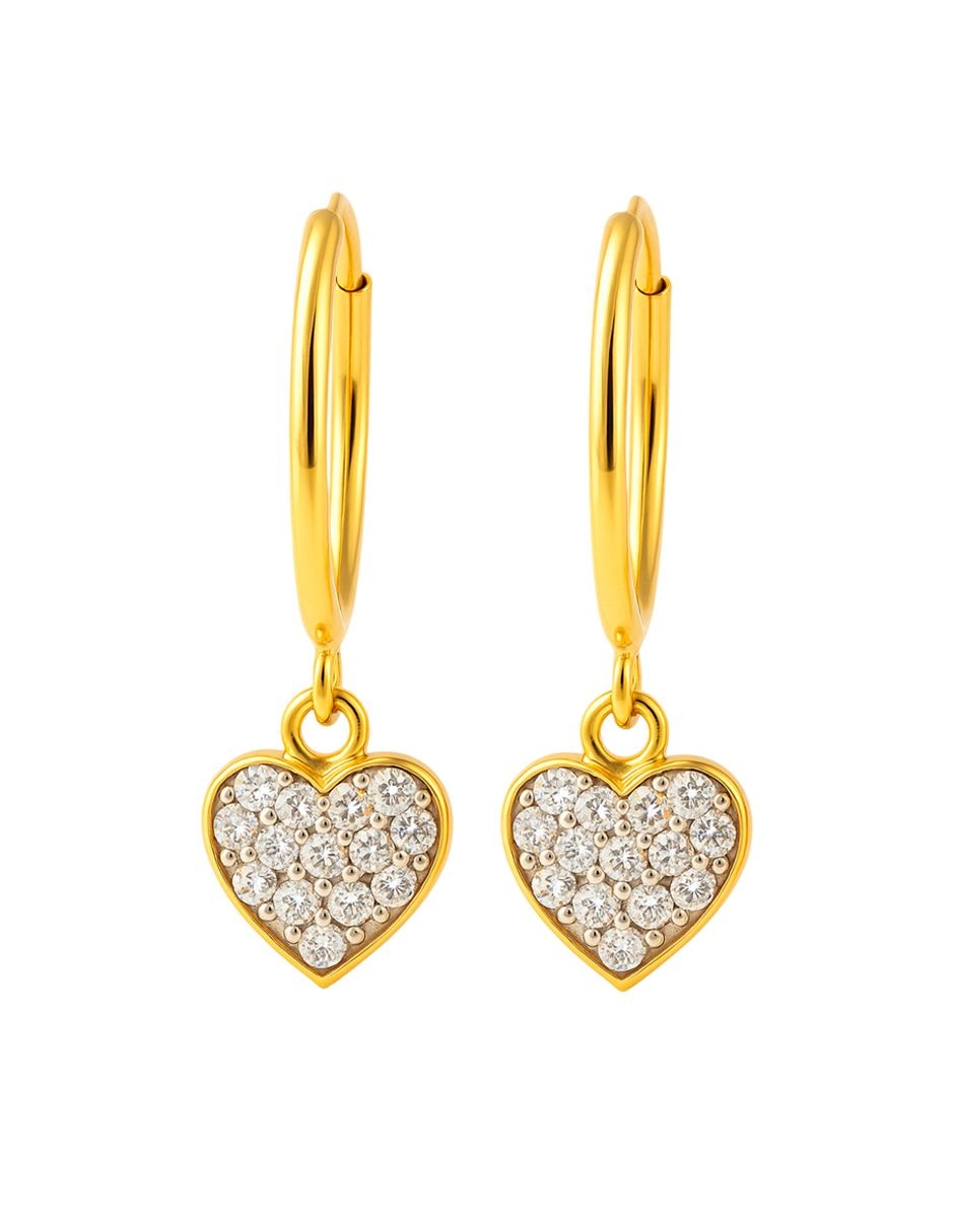 Aretes largos de corazón de oro 10 k con acabado brillante zirconia