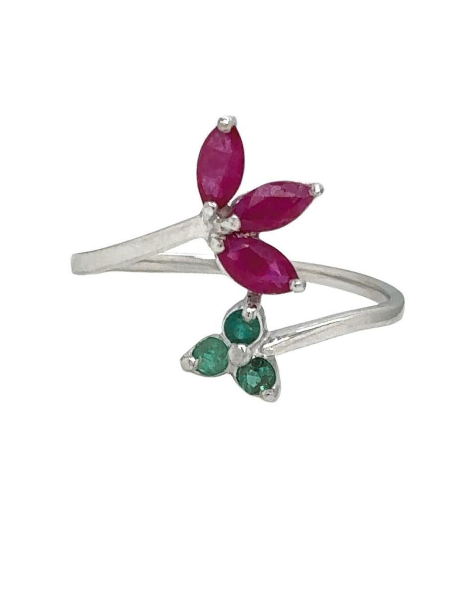 Anillo de flor 14 k de oro blanco rubí y esmeralda brillante
