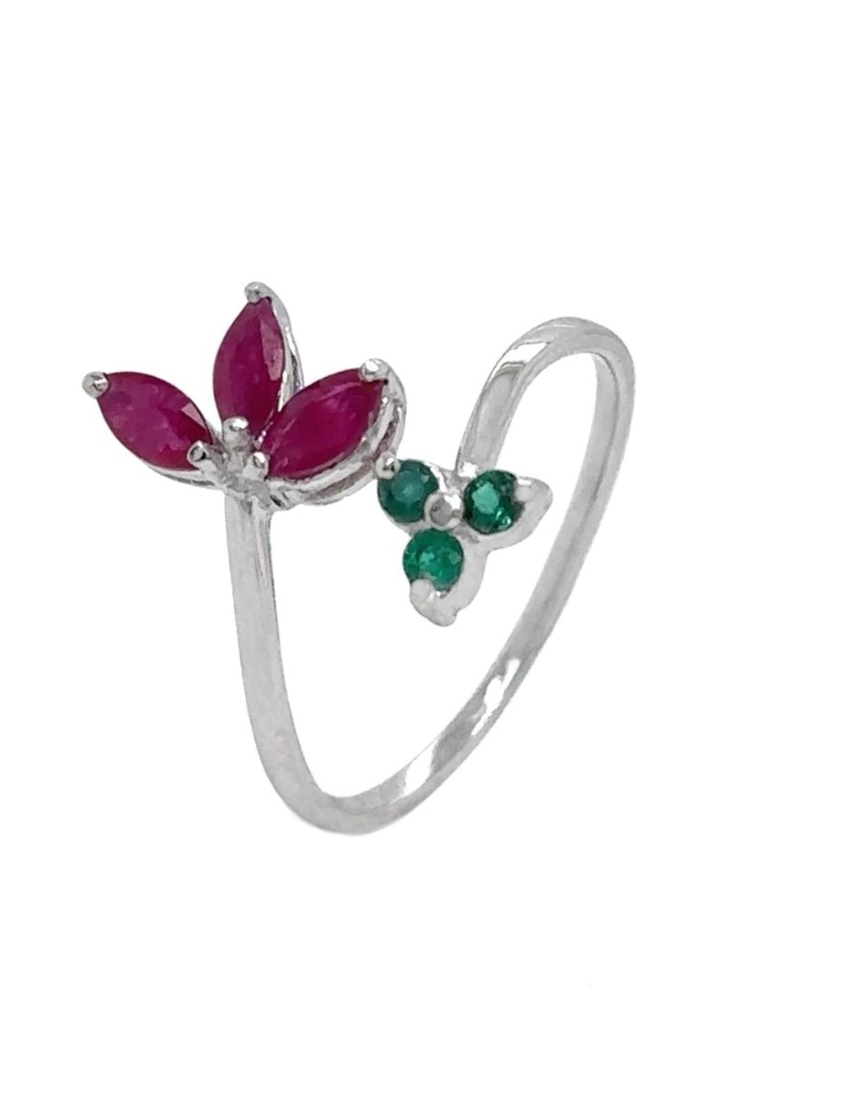 Anillo de flor IDC 14 k de oro blanco rubí y esmeralda brillante