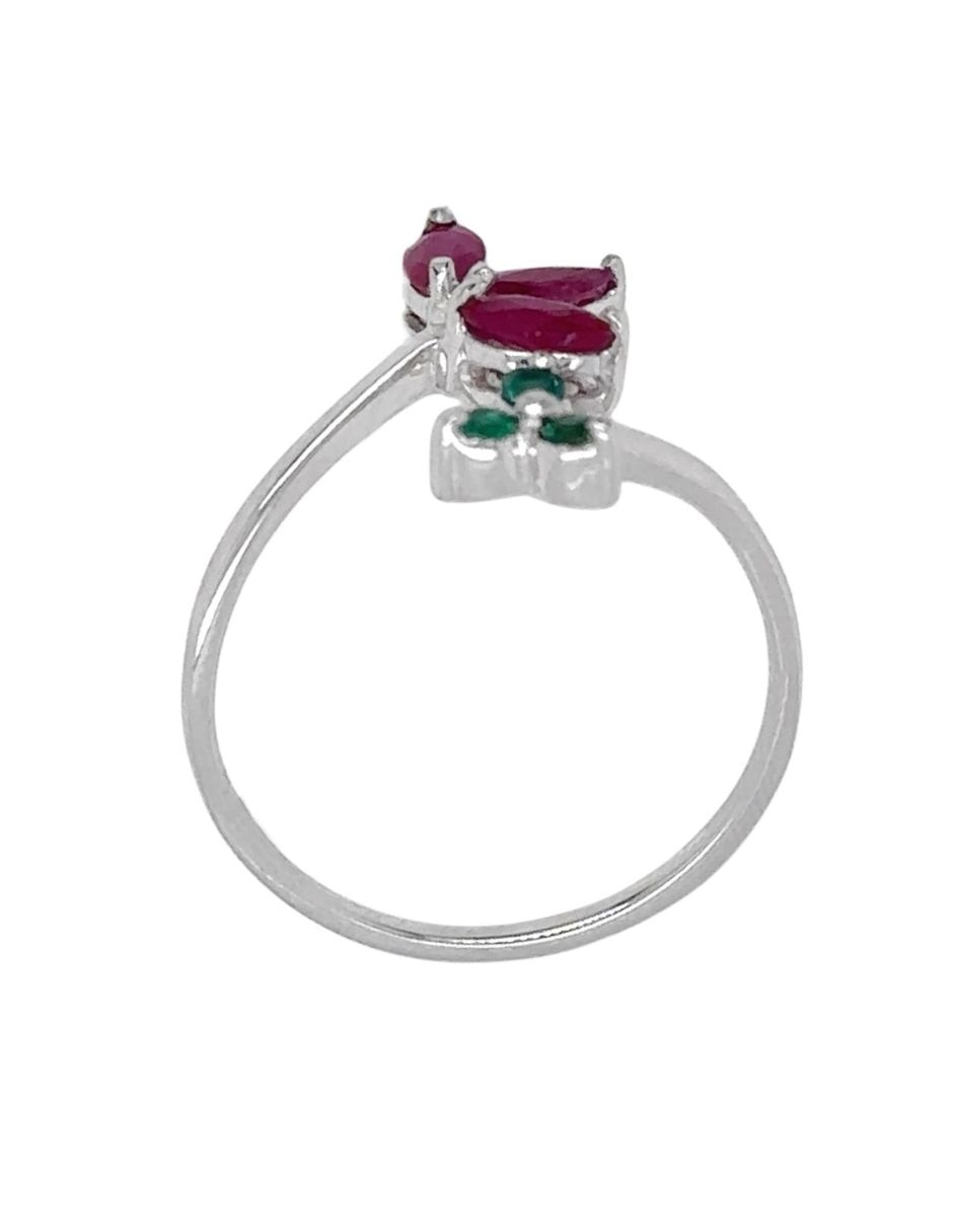 Anillo de flor IDC 14 k de oro blanco rubí y esmeralda brillante