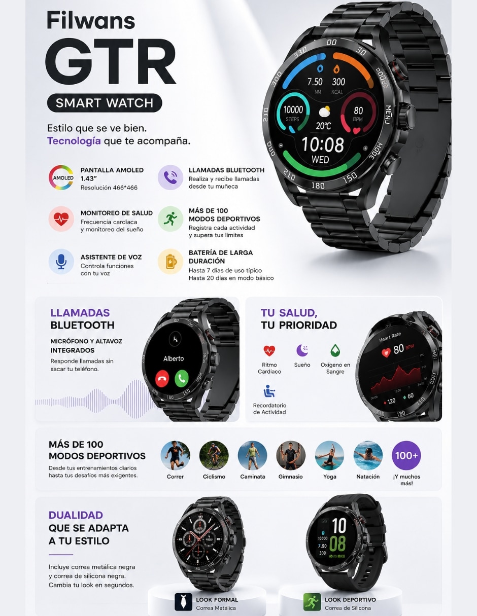Smartwatch Filwans GTR Negro + Xiaomi Redmi Buds 6 Play unisex