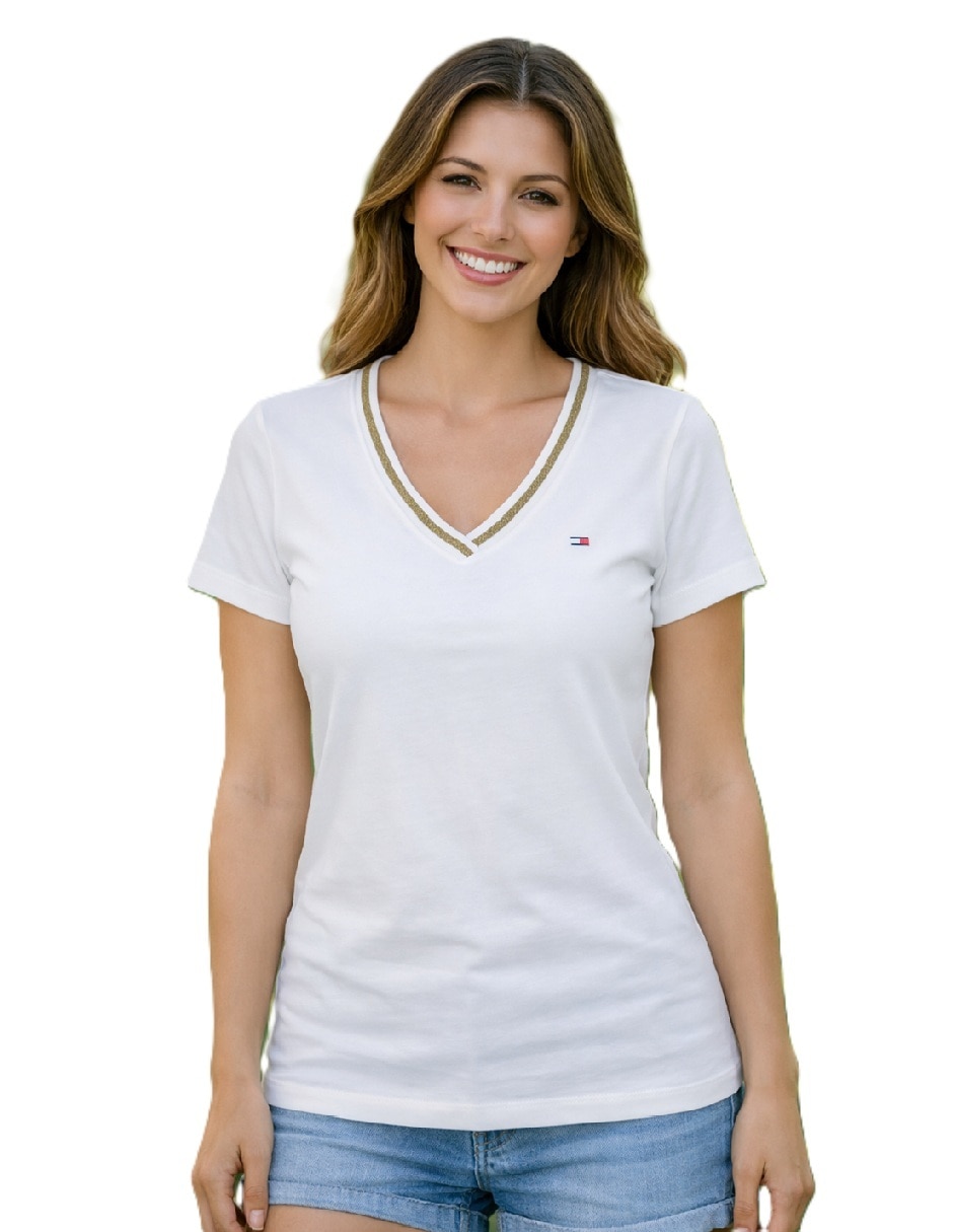 Playera manga corta Tommy Hilfiger cuello V para mujer