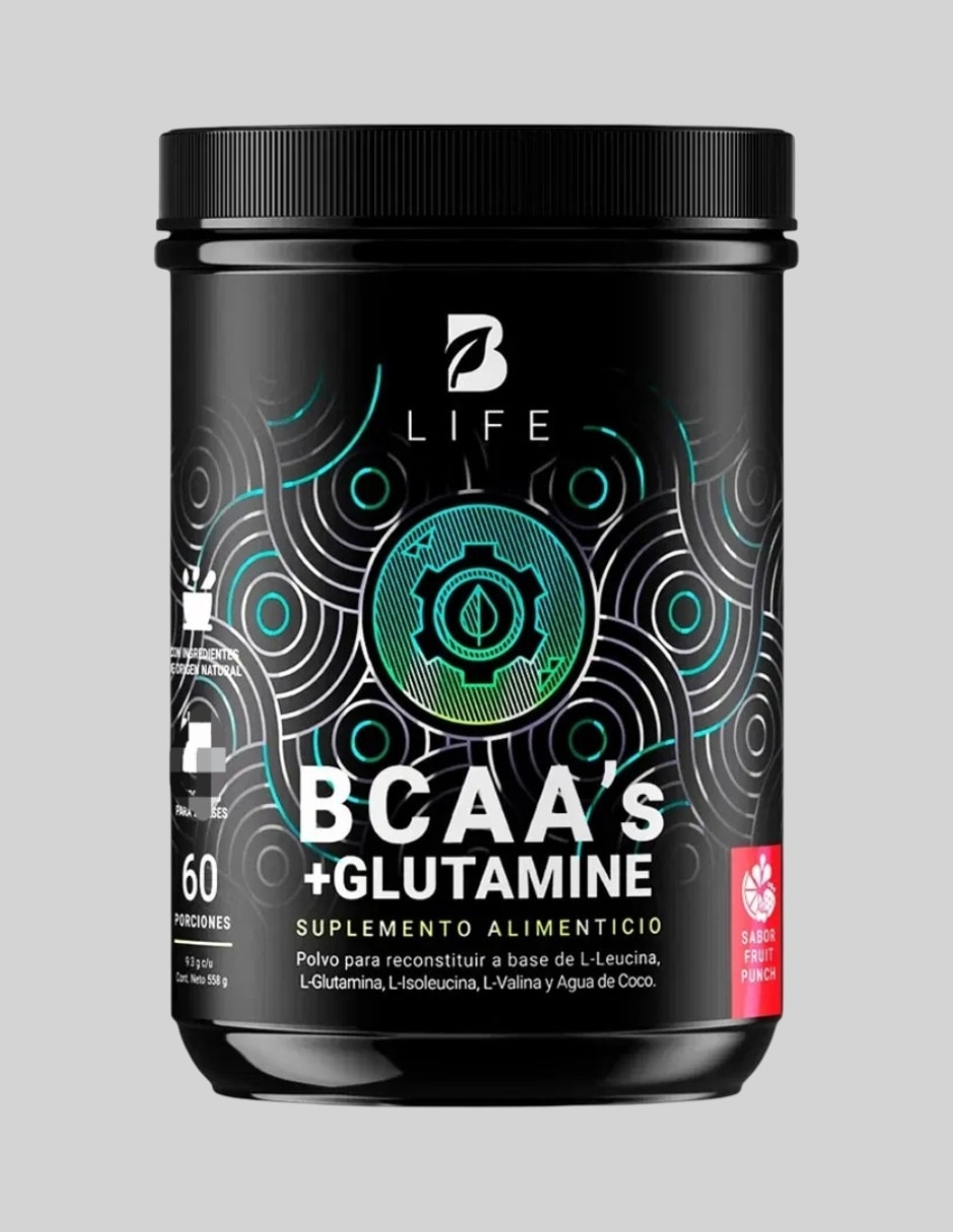 BCAAs con Glutamina B Life con creatina monohidratada bcaa 2:1:1 (l-leucina l-isoleucina l-valina) y l-arginina vitaminas sabor ponche de frutas de 500 g