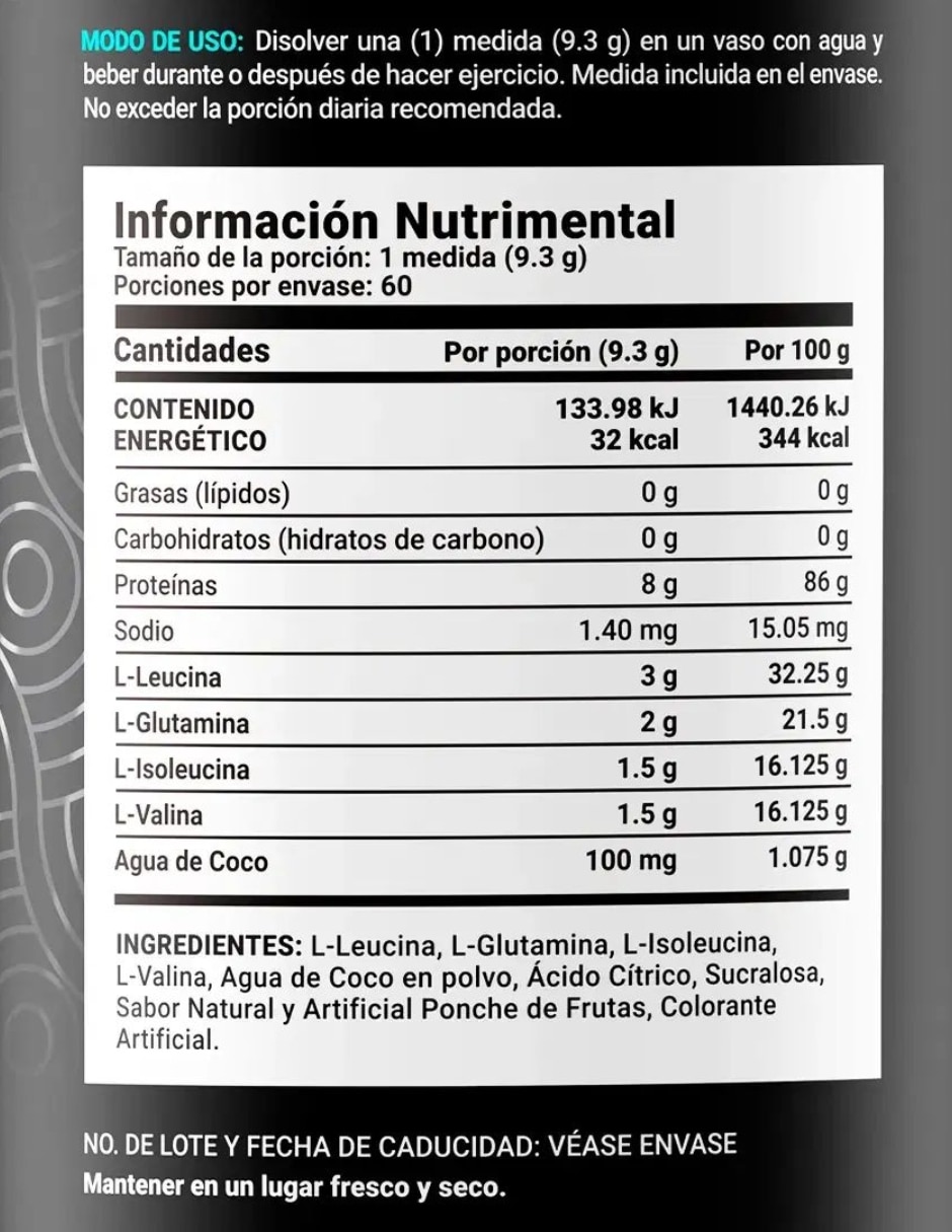 BCAAs con Glutamina B Life con creatina monohidratada bcaa 2:1:1 (l-leucina l-isoleucina l-valina) y l-arginina vitaminas sabor ponche de frutas de 500 g