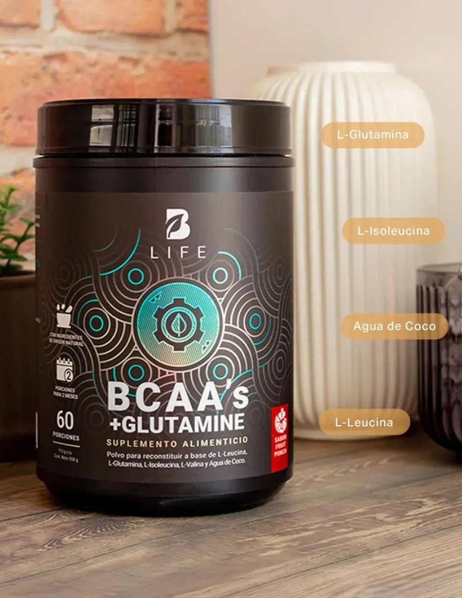 BCAAs con Glutamina B Life con creatina monohidratada bcaa 2:1:1 (l-leucina l-isoleucina l-valina) y l-arginina vitaminas sabor ponche de frutas de 500 g