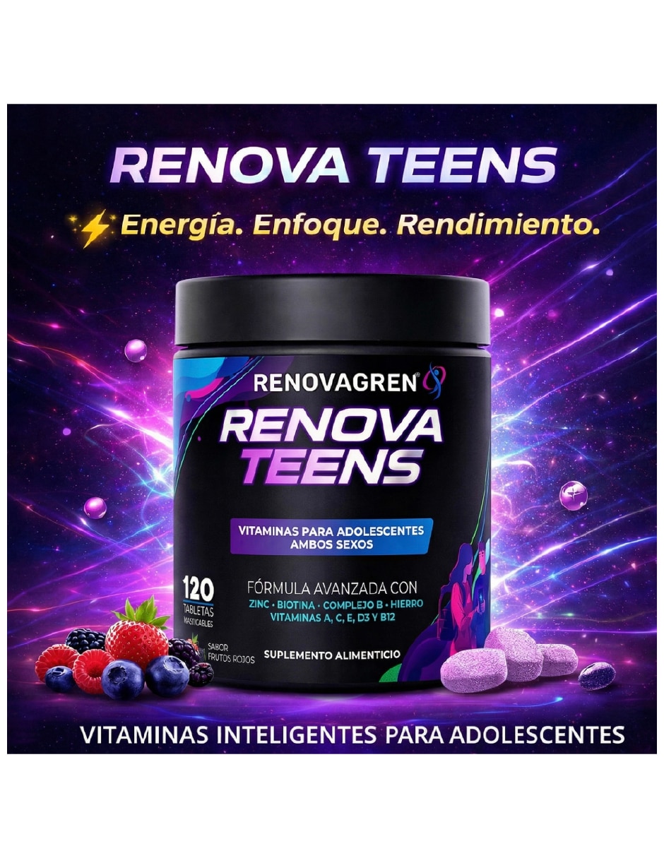 Vitaminas Adolescentes 12-18 años Enfoque Energía Renovagren con multivitamínico y antioxidante sabor frutos rojos de 120 tabletas