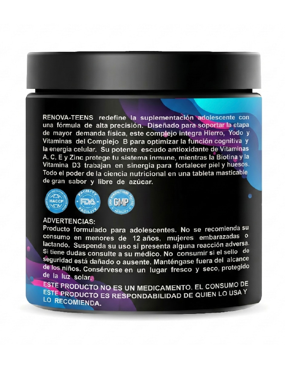 Vitaminas Adolescentes 12-18 años Enfoque Energía Renovagren con multivitamínico y antioxidante sabor frutos rojos de 120 tabletas