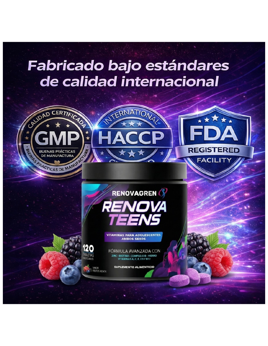 Vitaminas Adolescentes 12-18 años Enfoque Energía Renovagren con multivitamínico y antioxidante sabor frutos rojos de 120 tabletas