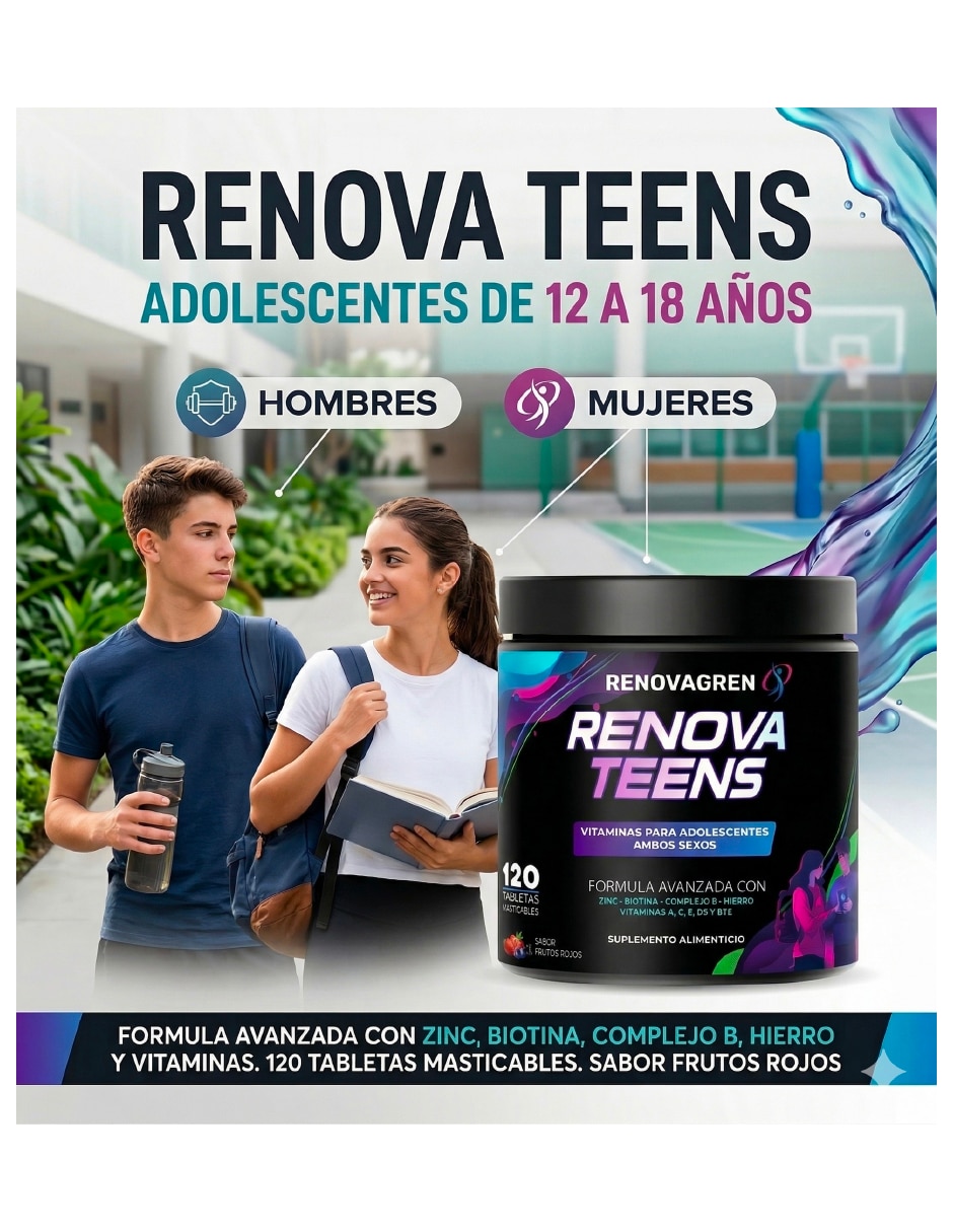 Vitaminas Adolescentes 12-18 años Enfoque Energía Renovagren con multivitamínico y antioxidante sabor frutos rojos de 120 tabletas