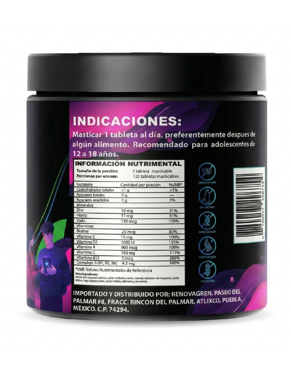 Vitaminas Adolescentes 12-18 años Enfoque Energía Renovagren con multivitamínico y antioxidante sabor frutos rojos de 120 tabletas