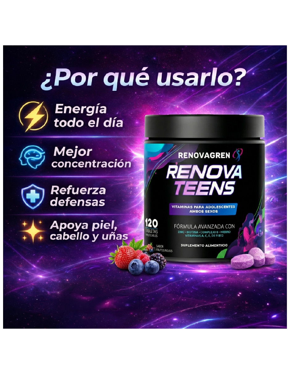 Vitaminas Adolescentes 12-18 años Enfoque Energía Renovagren con multivitamínico y antioxidante sabor frutos rojos de 120 tabletas