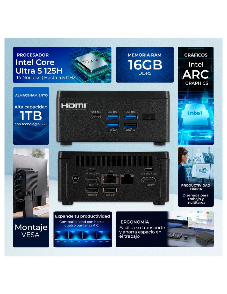 Mini PC MPELZ7V2-U5161TB Intel Core Ultra 5 integrada 16 GB RAM 1 TB SSD 2