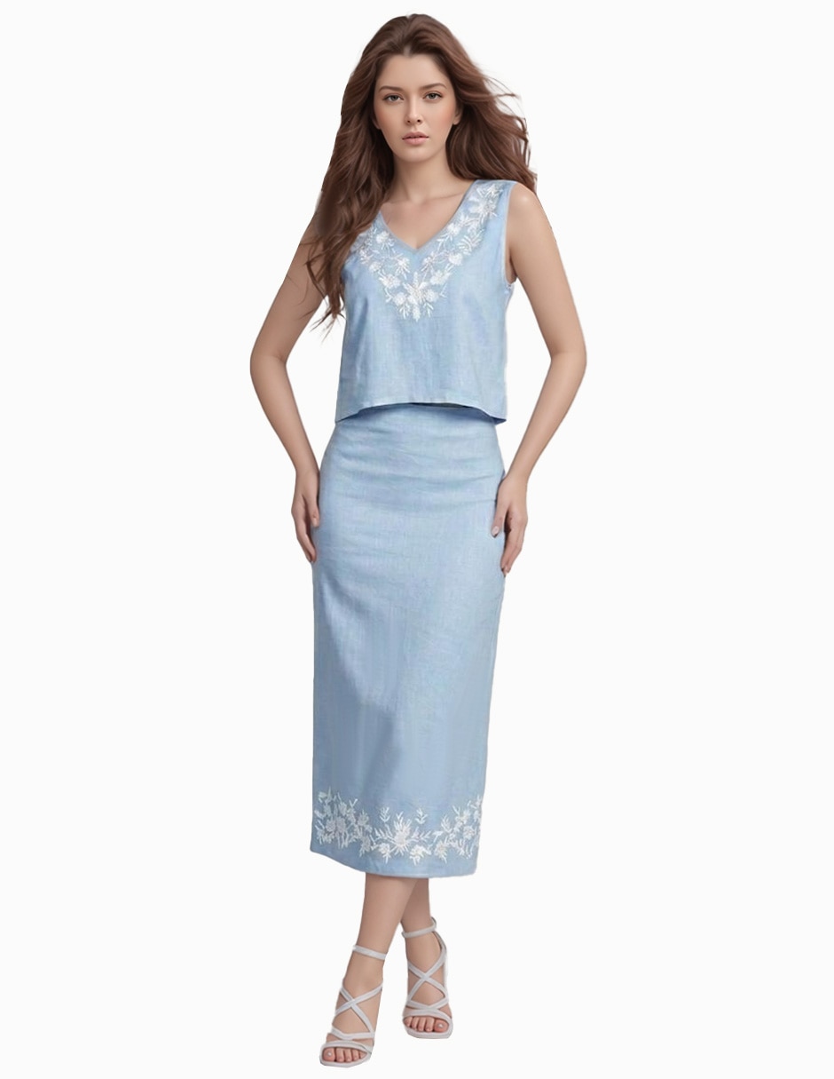 Conjunto business casual bordado de lino para mujer