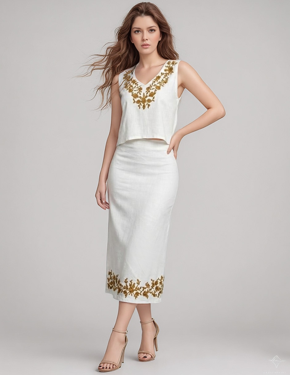 Conjunto business casual bordado de lino para mujer Conjunto business casual bordado de lino para mujer