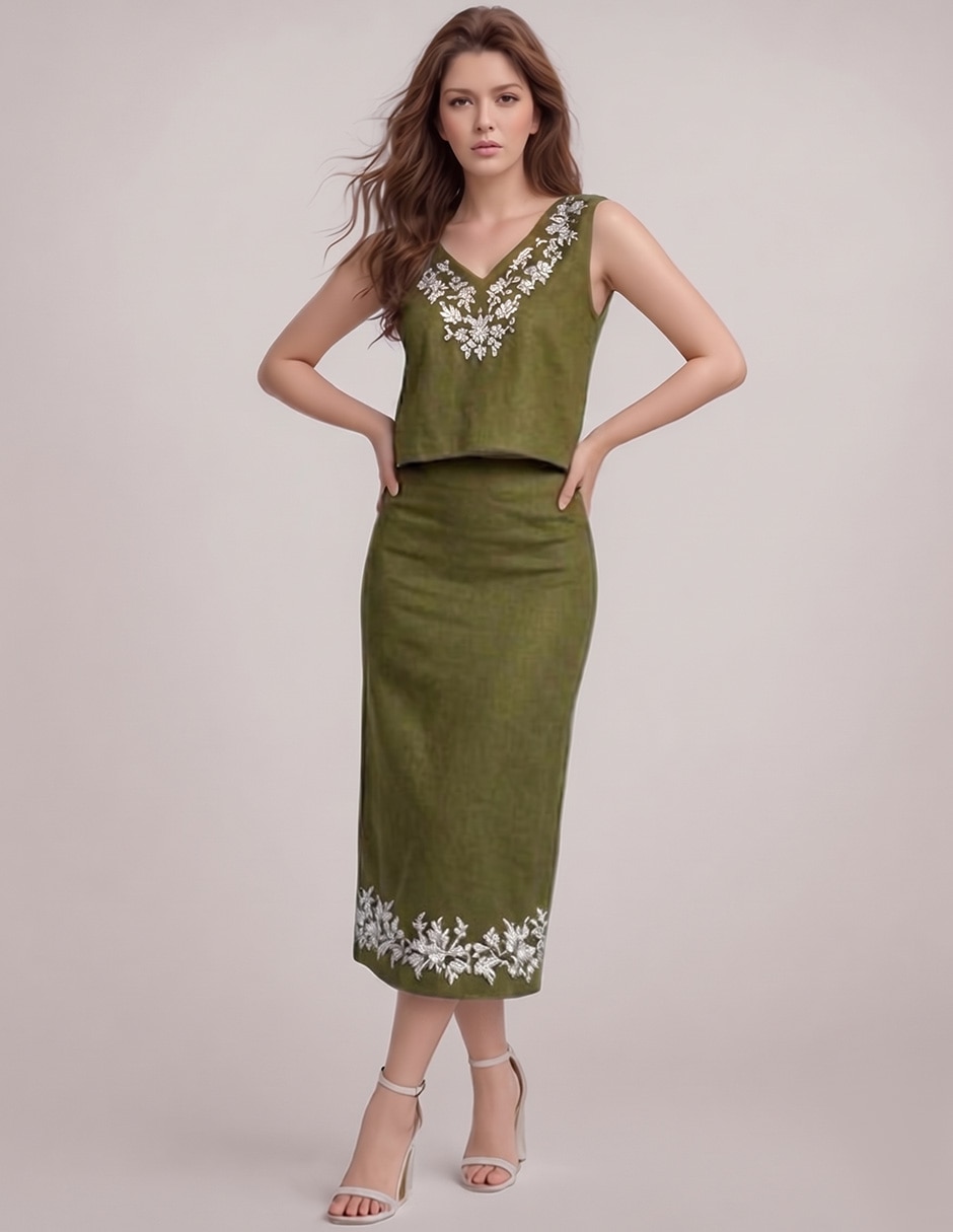 Conjunto business casual bordado de lino para mujer Conjunto business casual bordado de lino para mujer