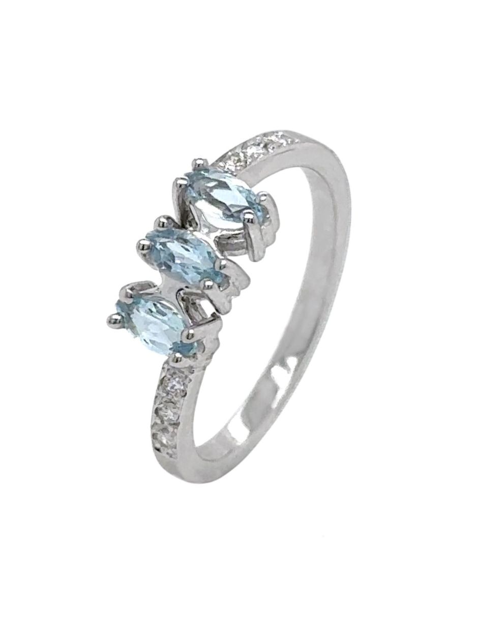 Anillo con gema Idc 14 k de oro blanco diamante y aguamarina brillante
