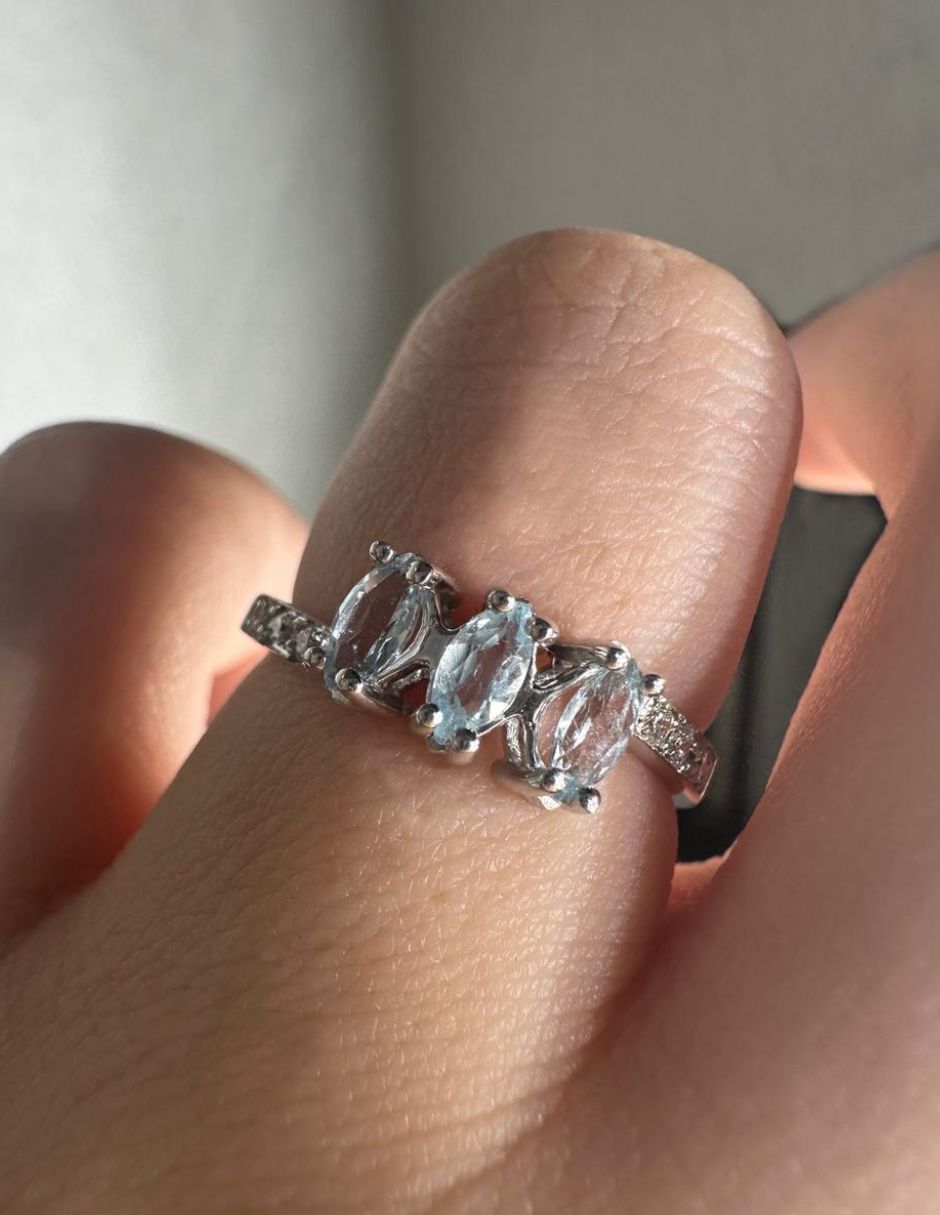 Anillo con gema Idc 14 k de oro blanco diamante y aguamarina brillante
