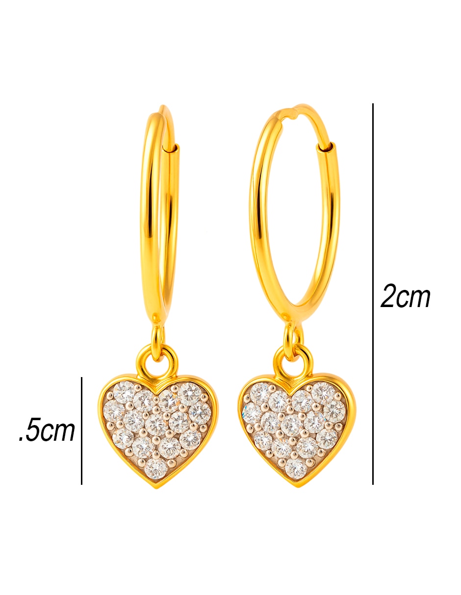 Aretes largos de corazón de oro 14 K con acabado brillante zirconia 5