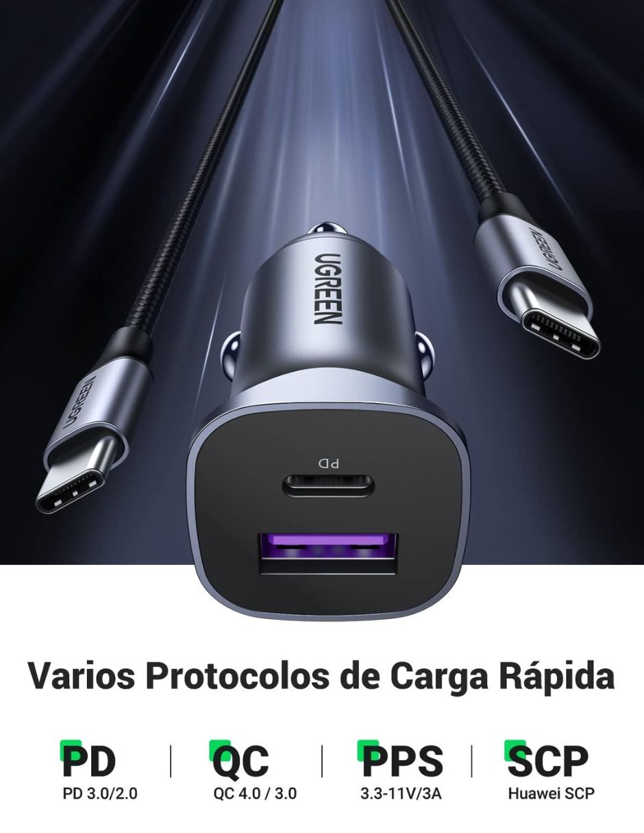 Cargador auto Ugreen de 30 W USB tipo A + USB tipo C 2 puertos carga rápida
