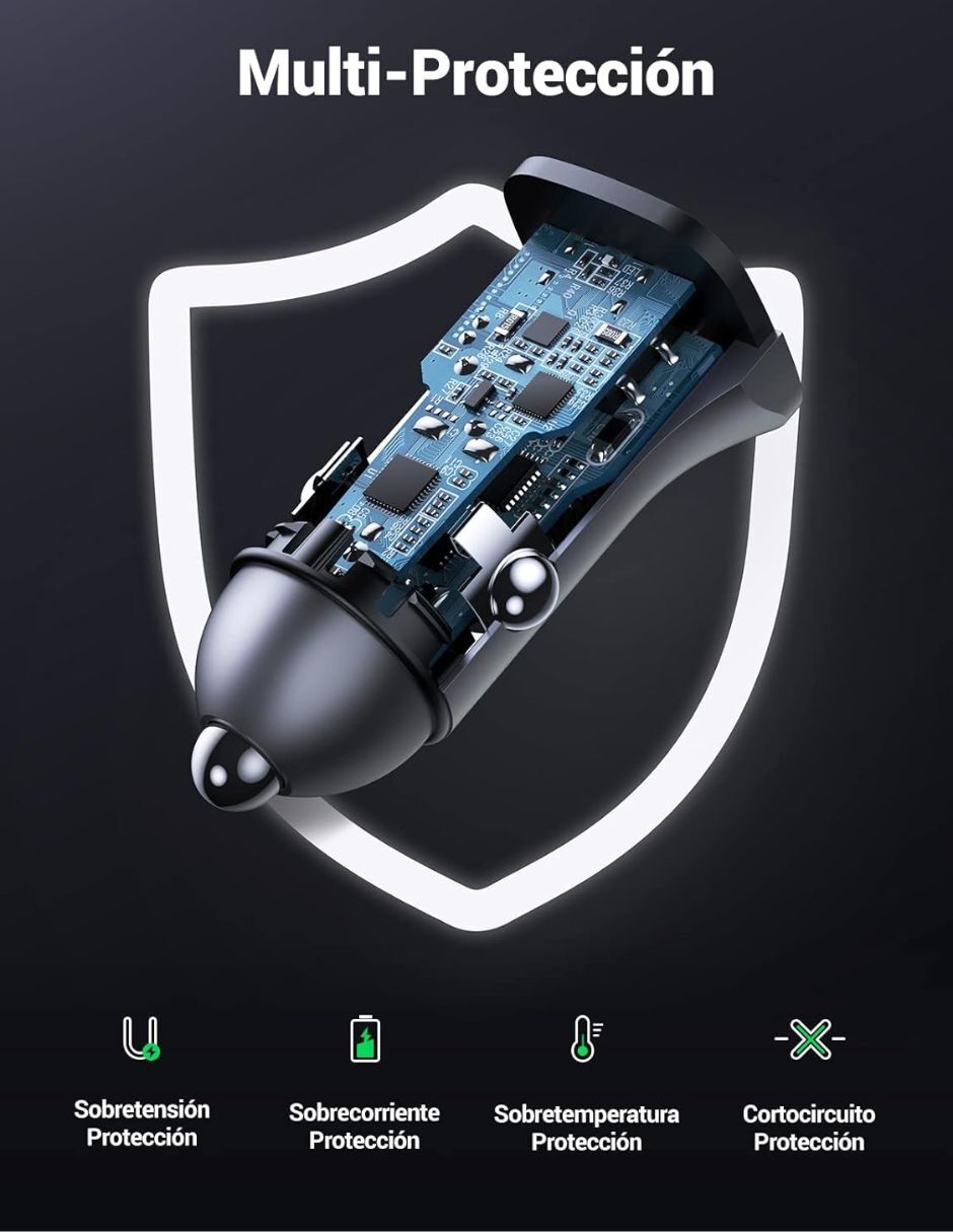 Cargador auto Ugreen de 30 W USB tipo A + USB tipo C 2 puertos carga rápida