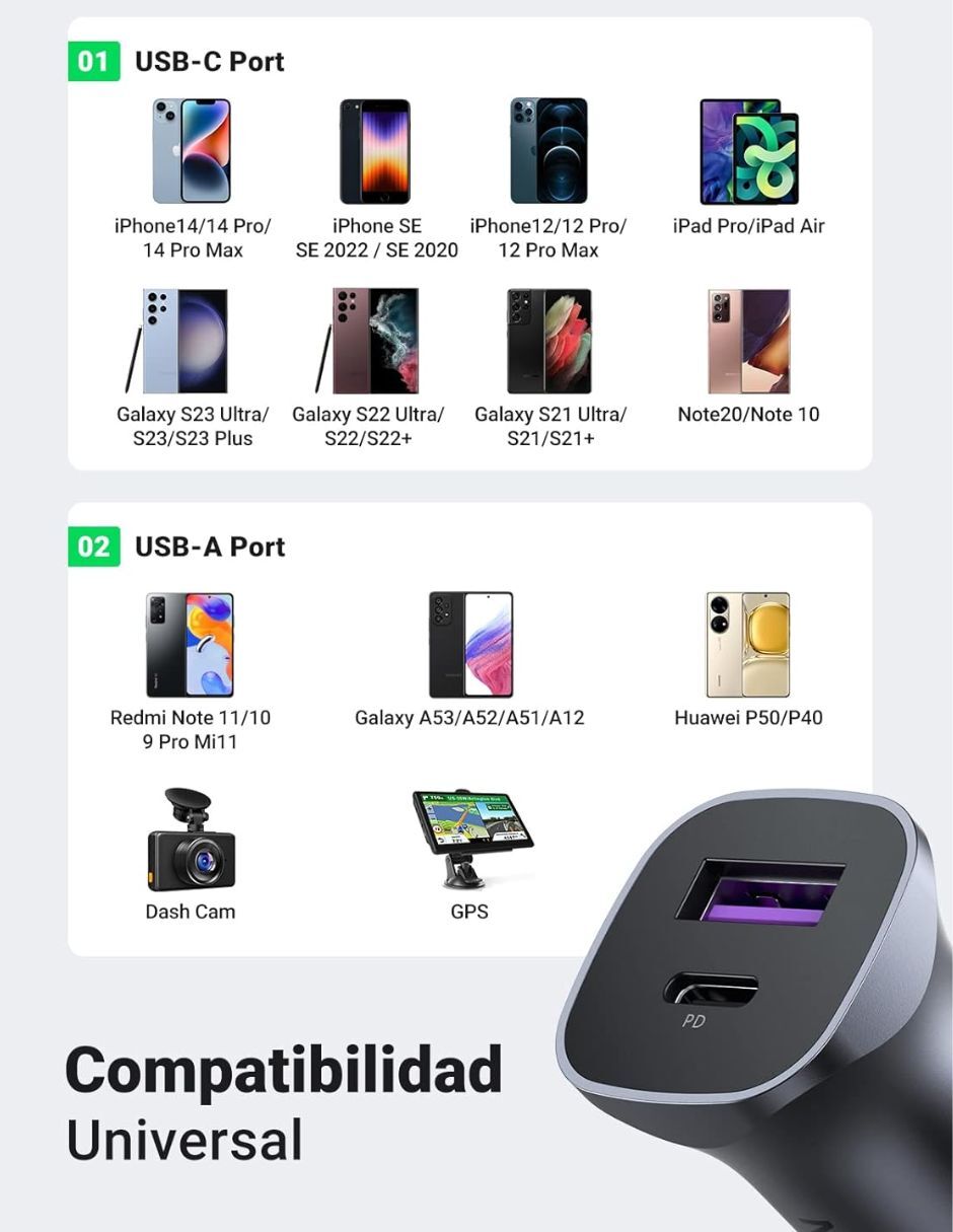 Cargador auto Ugreen de 30 W USB tipo A + USB tipo C 2 puertos carga rápida