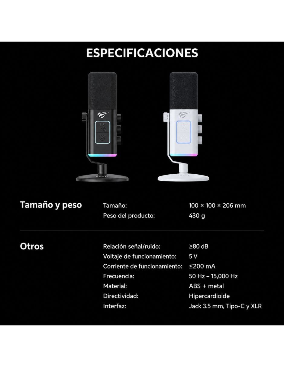 Micrófono gaming alámbrico Havit Micrófono GK71, Luz RGB, Cancelación de Ruido y Tecla de Silencio Táctil Negro