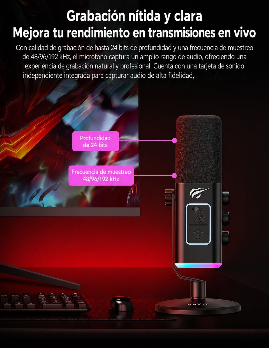 Micrófono gaming alámbrico Havit Micrófono GK71, Luz RGB, Cancelación de Ruido y Tecla de Silencio Táctil Negro