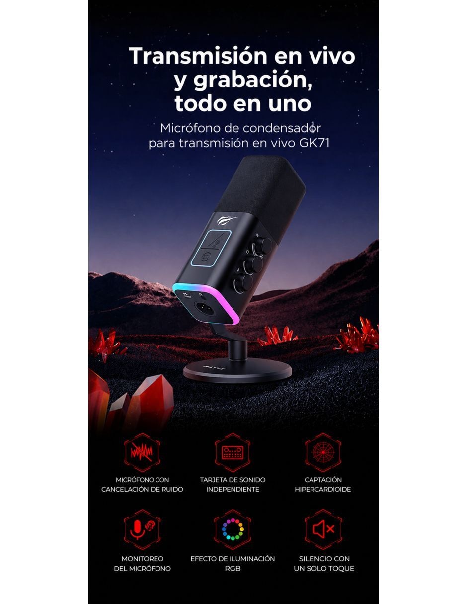 Micrófono gaming alámbrico Havit Micrófono GK71, Luz RGB, Cancelación de Ruido y Tecla de Silencio Táctil Negro