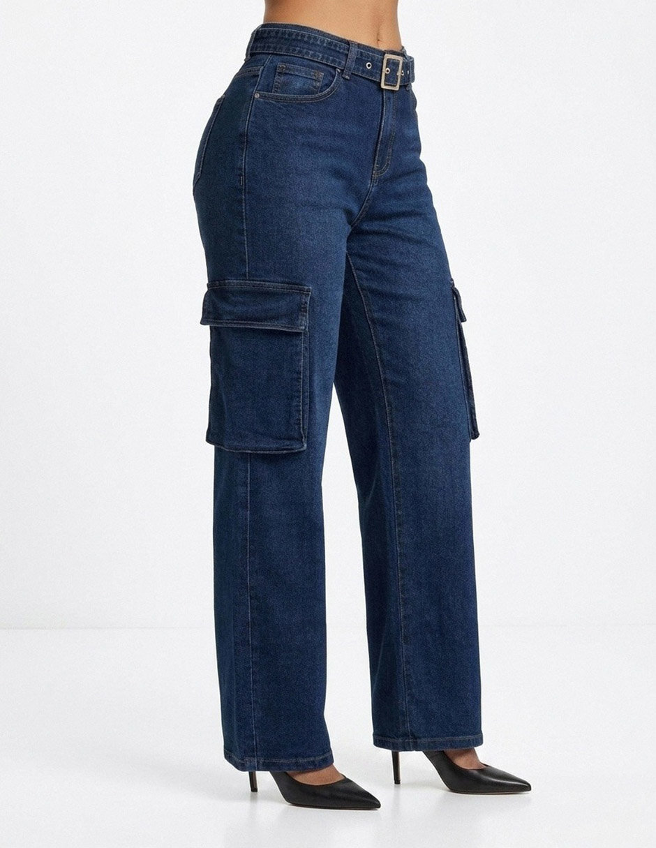 Jeans cargo wide leg cintura alta 101106-00162 para mujer