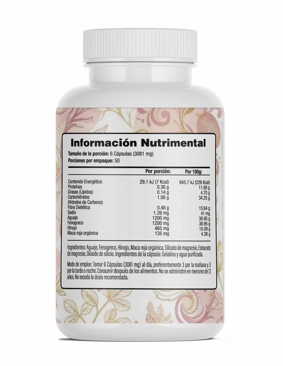 Suplementos alimenticios aguaje con fenogreco hinojo y maca roja orgánica 300 Cápsulas 2