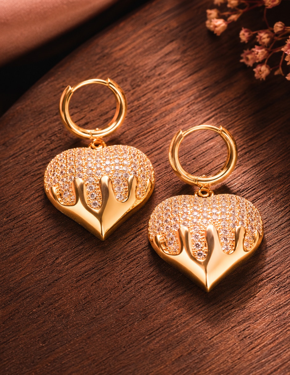 Aretes largos de corazón Glacé con acabado baño de oro zirconia 4