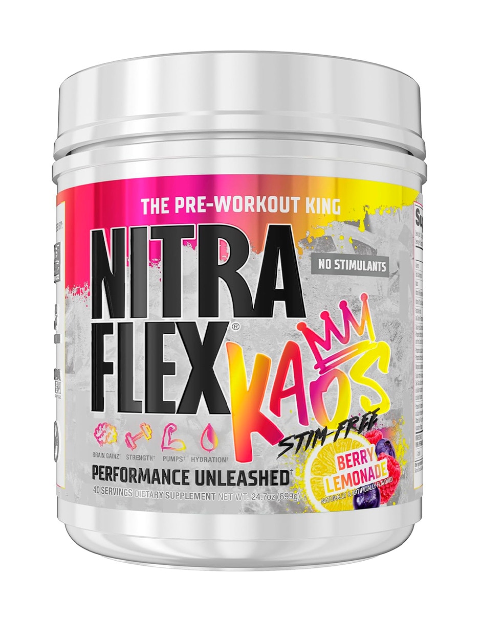 Nitraflex Kaos Stim Free 40 Serv Berry Lemonade Generica con creatina monohidratada sabor limón y frambuesa
