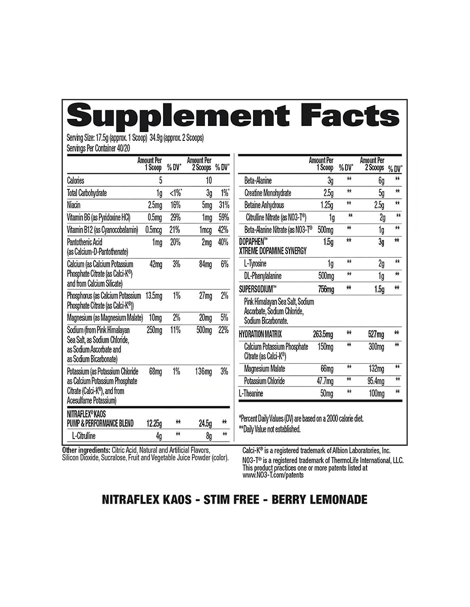 Nitraflex Kaos Stim Free 40 Serv Berry Lemonade Generica con creatina monohidratada sabor limón y frambuesa