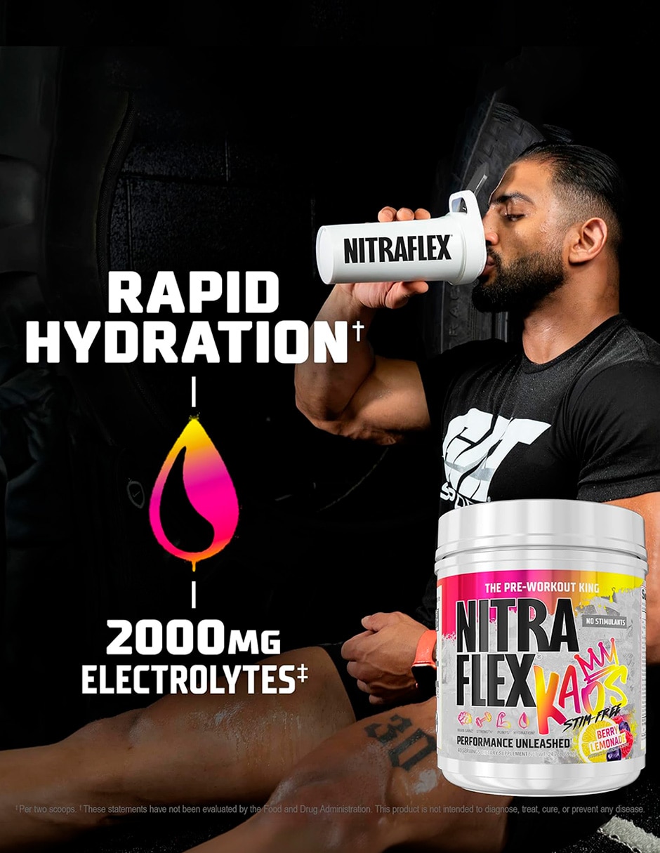 Nitraflex Kaos Stim Free 40 Serv Berry Lemonade Generica con creatina monohidratada sabor limón y frambuesa