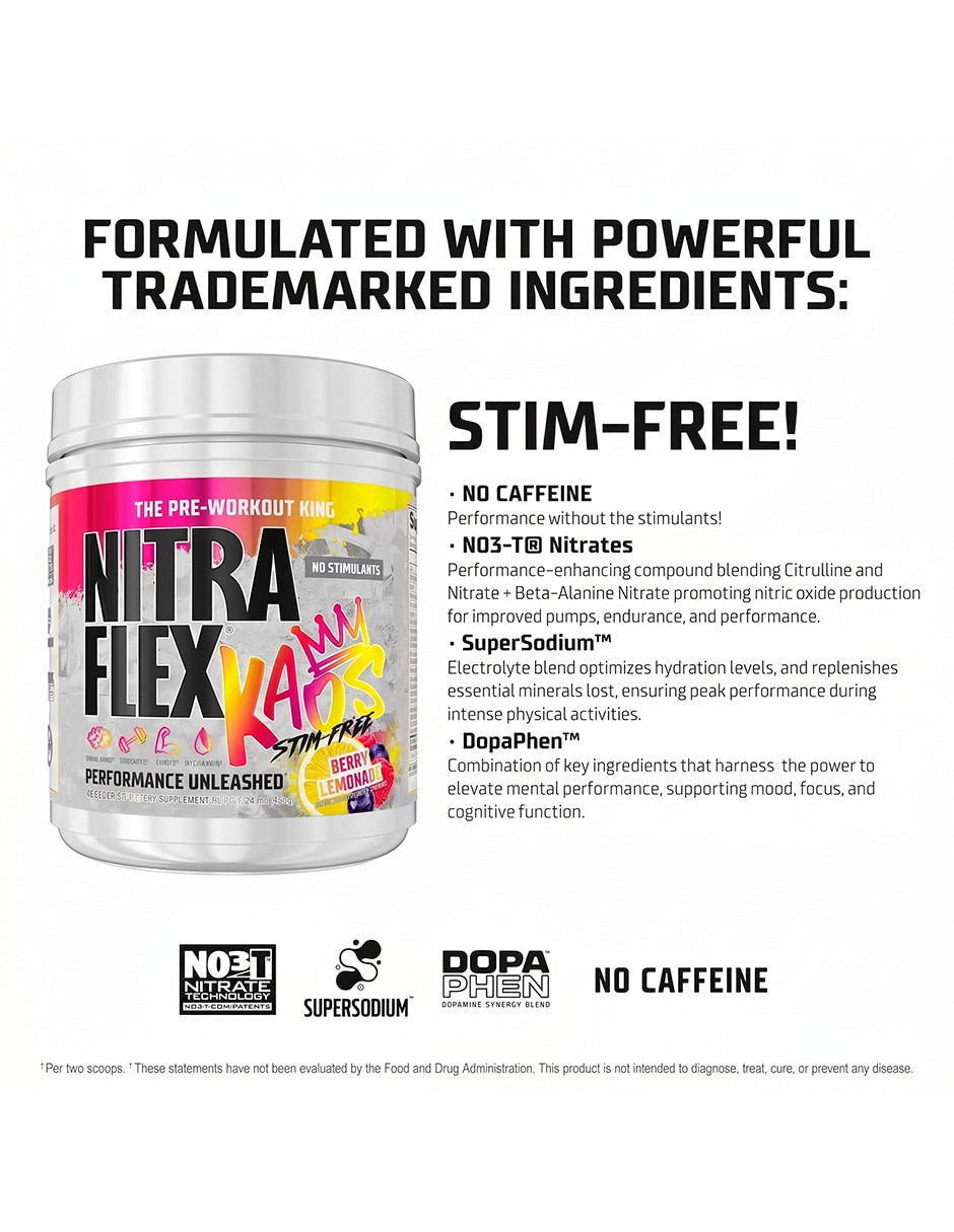 Nitraflex Kaos Stim Free 40 Serv Berry Lemonade Generica con creatina monohidratada sabor limón y frambuesa