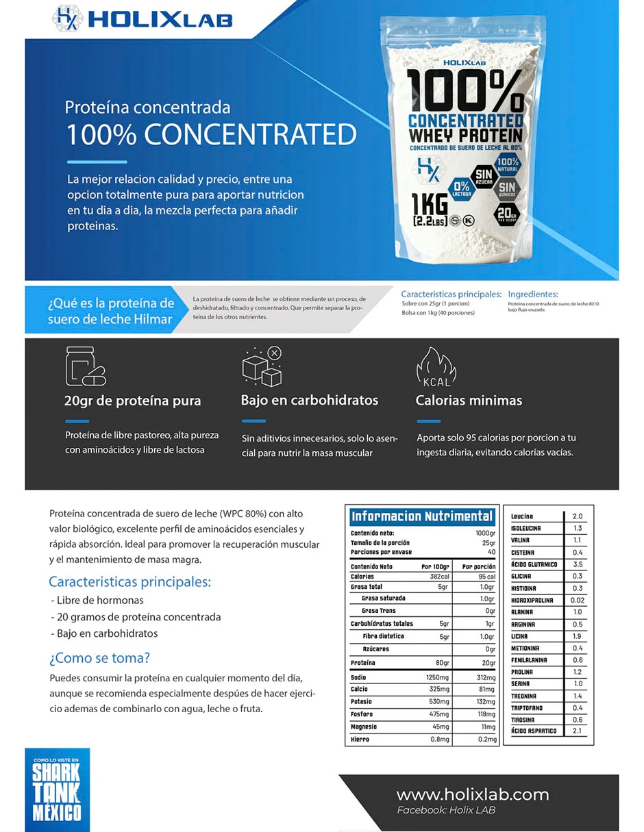 Proteína Whey Protein concentrada 80% 1 kg Olix con proteína sabor natural