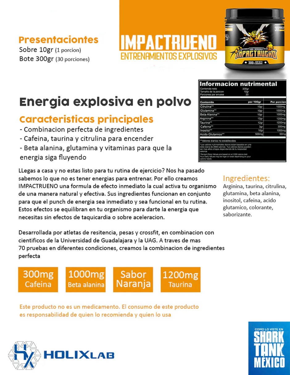 Pre Workout Impactrueno Olix con proteína sabor naranja de 300 g
