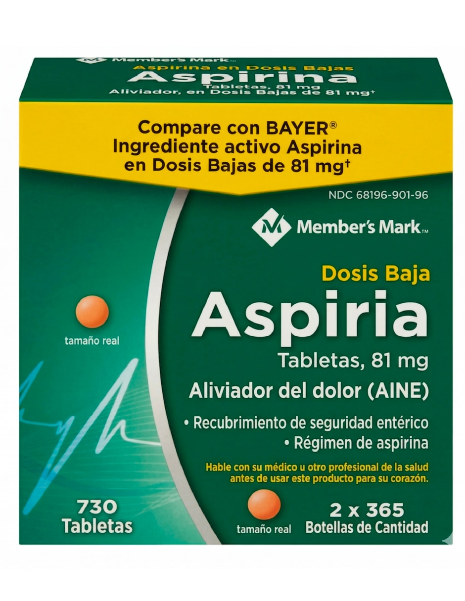 Tabletas para desinflamar y aliviar dolor intenso Aspirina Members Mark