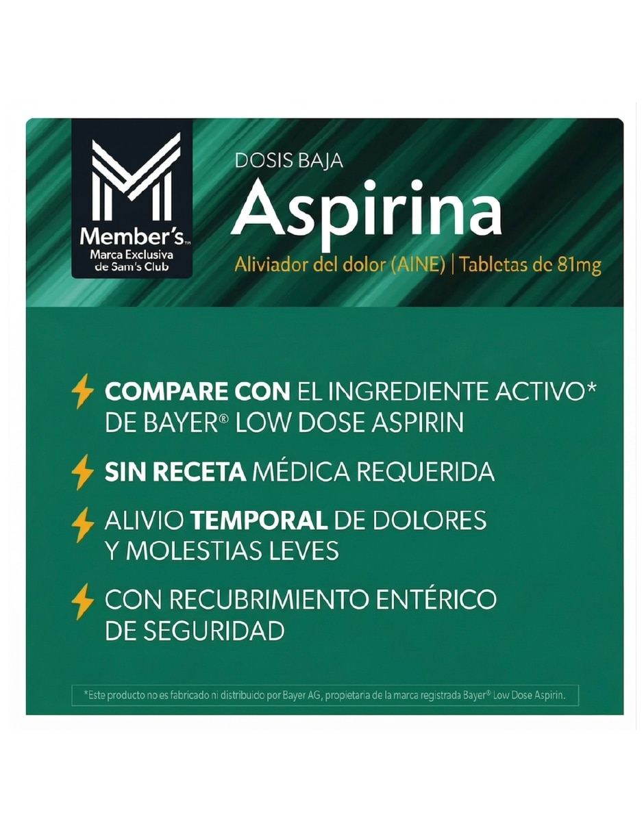 Tabletas para desinflamar y aliviar dolor intenso Aspirina Members Mark