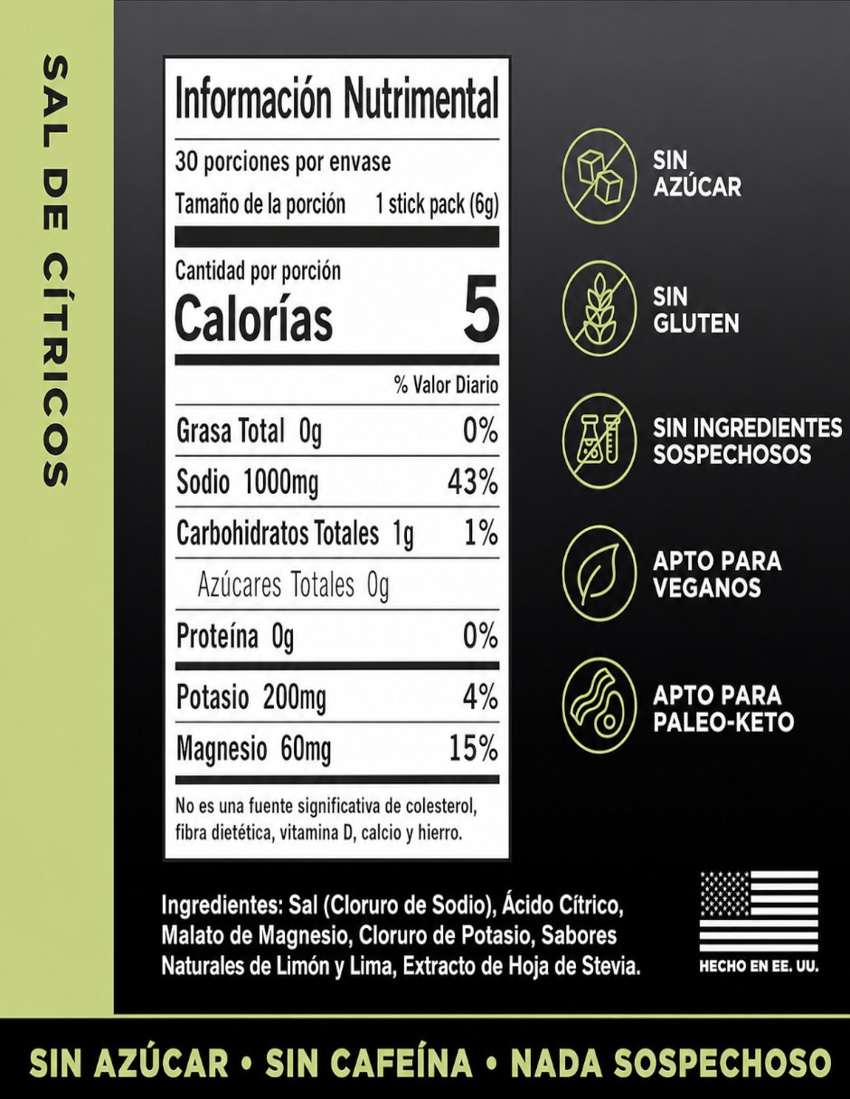 Electrolitos LMNT sin azúcar sabor cítrico con Vitamina D Calcio Zinc Potasio Vitamina C Fosforo Magnesio Cloruro