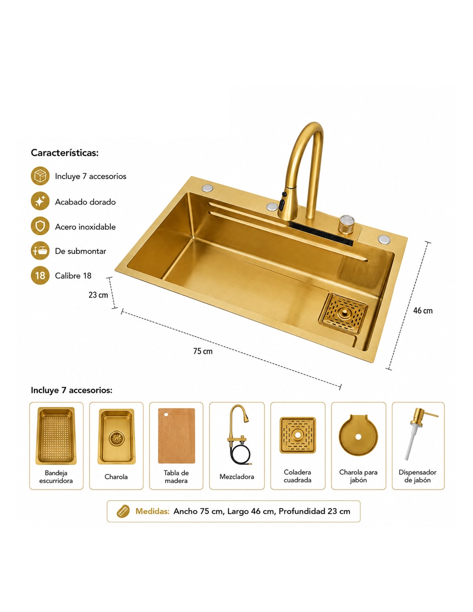Tarja 1 tina de acero inoxidable Maxims con escurridor Gold